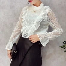 ALPHALMODA V-Ruffled стоячий воротник, украшенный бисером, женские изящные футболки с вырезами на крючках, цветы, однотонные женские пуловеры, футболки