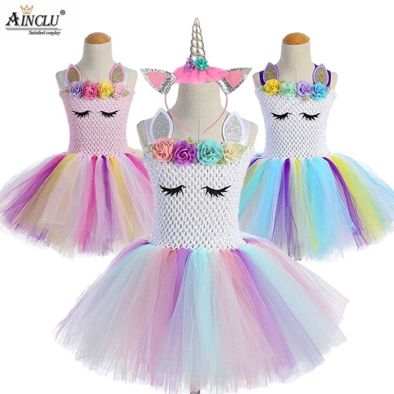 

1-12Y Free Hair+ Girls Unicorn Tutu Dress Rainbow Princess Kids Party Dress Girls Christmas Halloween Pony Cosplay Costume
