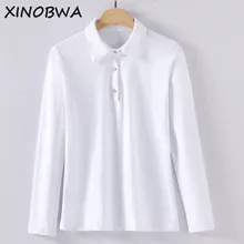 Горячая Распродажа Новинка Осень Женская Высокая мода Свободный отложной воротник Кнопка Футболка с длинным рукавом Женские повседневные хлопковые рубашки топы