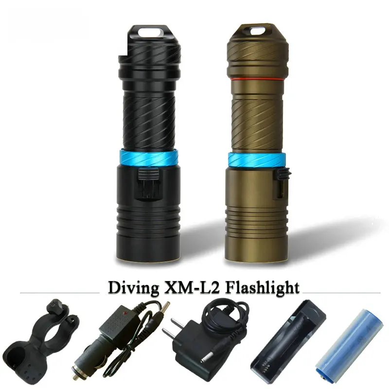 

zaklamp diving flashlight CREE XM-L2 Waterproof Torch Flashlight 100m Underwater Scuba Diving Flashlights 18650 or 26650 battery