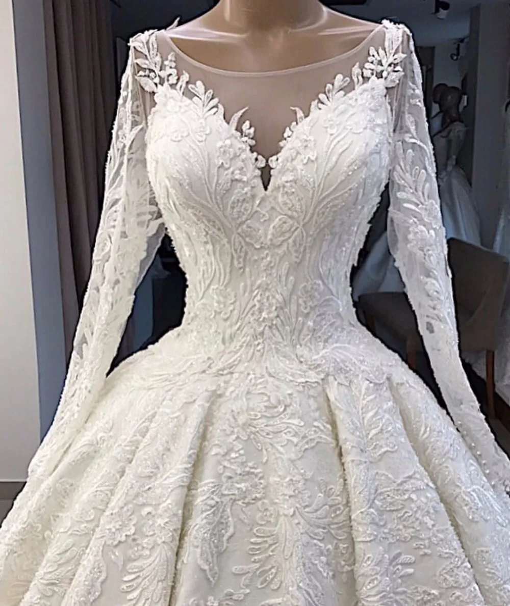 Vestido De Novia элегантные белые кружевные аппликации свадебное платье Иллюзия сзади длинный рукав свадебное платье плюс размер Gelinlik