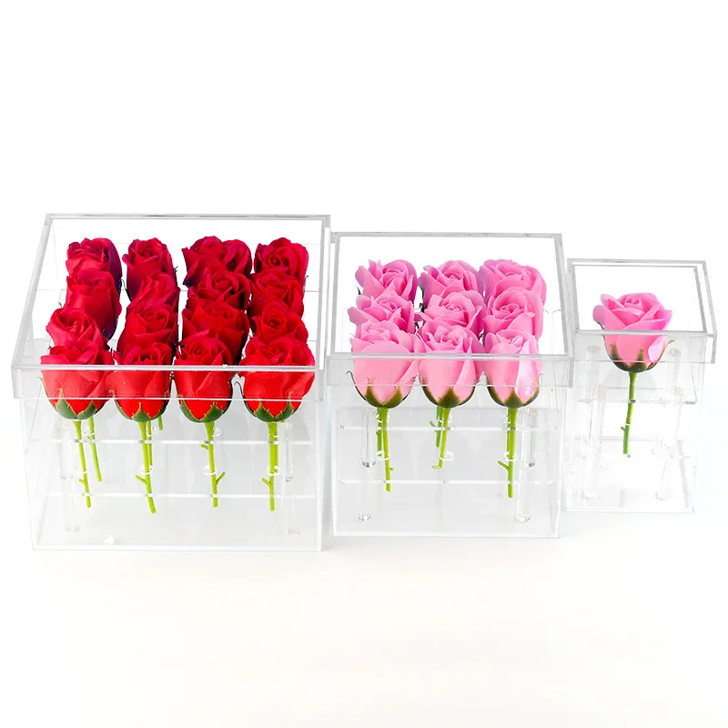 

Valentine's Day Rose Box Transparent Acrylic Makeup Organizer Box Cosmetic Case Rose Flower Box With Lid Acrylic Storage Box