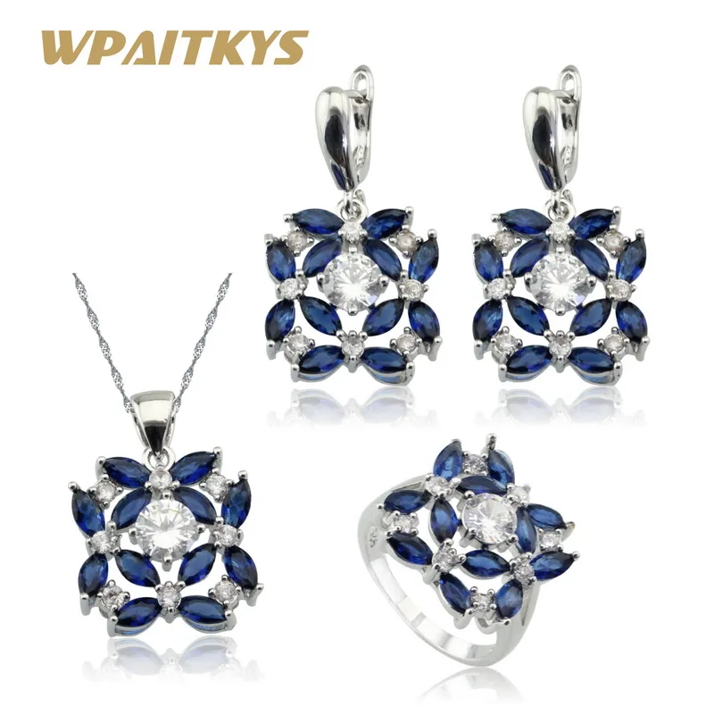 WPAITKYS синий фиолетовый белый CZ серебряный цвет наборы свадебных ювелирных изделий для женщин серьги ожерелье Кулон Кольцо подарочная коробка