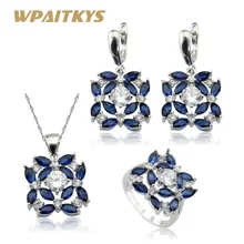 WPAITKYS синий фиолетовый белый CZ серебряный цвет наборы свадебных ювелирных изделий для женщин серьги ожерелье Кулон Кольцо подарочная коробка