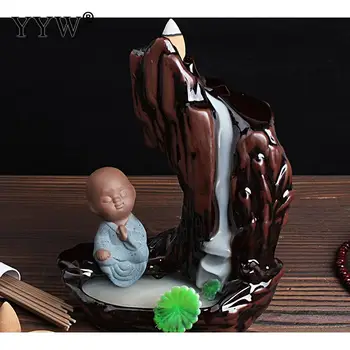 

Cute Monk Incense Burner Backflow Incense Cones Holder Waterfall Aroma White Smoke Burner Censer Ceramic Rockery Home Decor