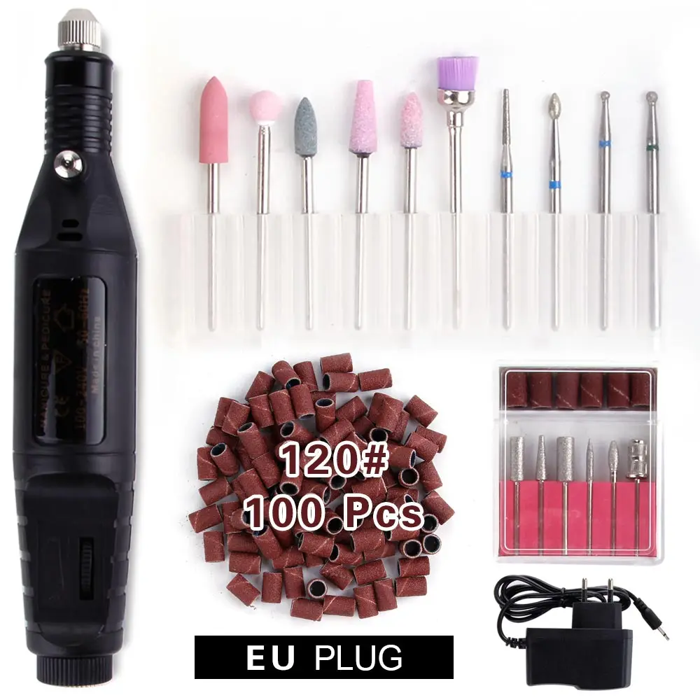 Black Set 120 Электрический сверлильный станок для ногтей, гель для удаления кутикулы, фрезерный сверло, набор инструментов для педикюра, набор шлифовальных лент, Керамический Резак, аппарат - Цвет: Black Set 120