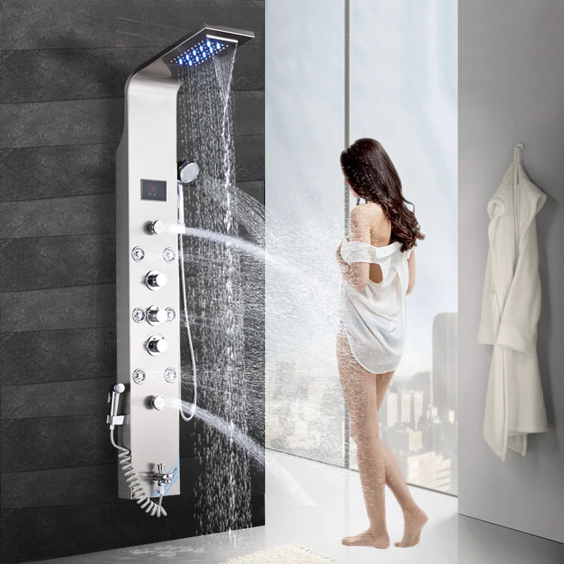 

Newly Luxury Brushed Nickle Bathroom Shower Faucet LED Shower Panel Column Bathtub Mixer Tap With Hand Shower Temperature Screen