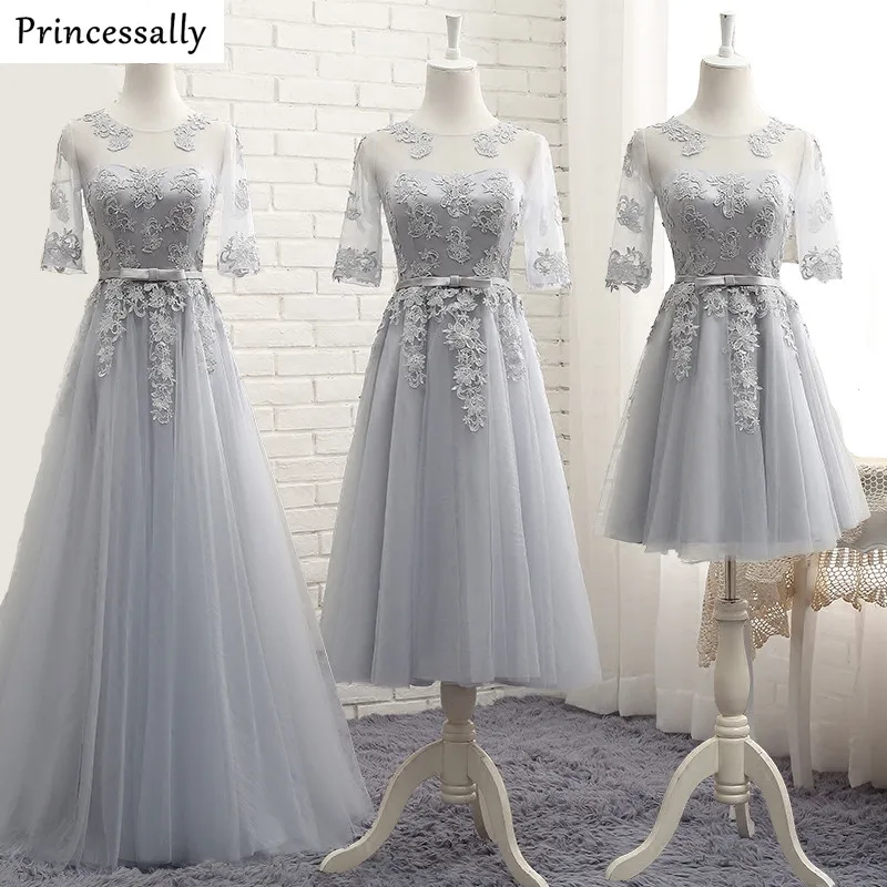 

Long Bridesmaid Dresses 2017 Grey Lace Embroidery Lace Party Gown Bridal Banquet Elegant Slim Formal Prom Dress Cheap Under 50