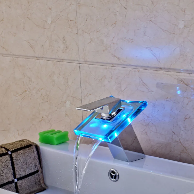 Deck Mounted LED 3 Color Changing Glass Waterfall Bathroom Faucet Single Lever Vessel Sink Mixer Taps