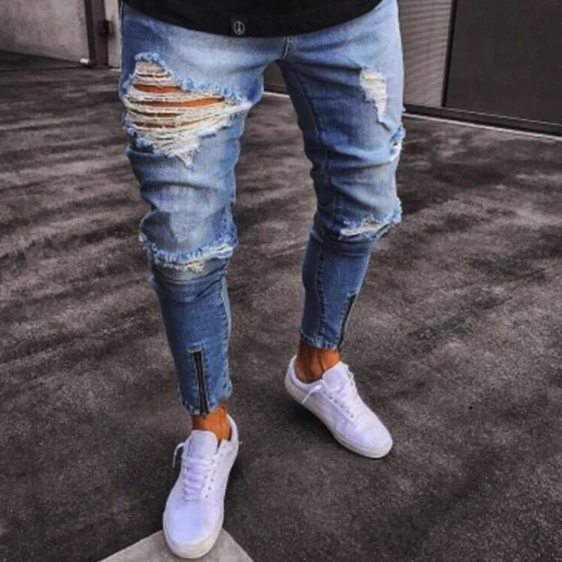 

Men's denim pants ripped hole slim Jeans men Fashion Hip hop Skinny pencil Jeans For Men stretch elastic ankle zipper jeans men