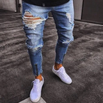 

Men's denim pants ripped hole slim Jeans men Fashion Hip hop Skinny pencil Jeans For Men stretch elastic ankle zipper jeans men