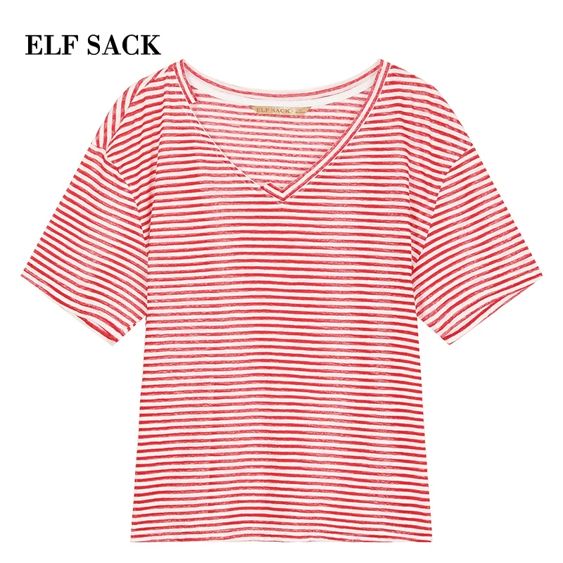 ELFSACK/Хлопковые повседневные женские футболки свободные с v образным вырезом