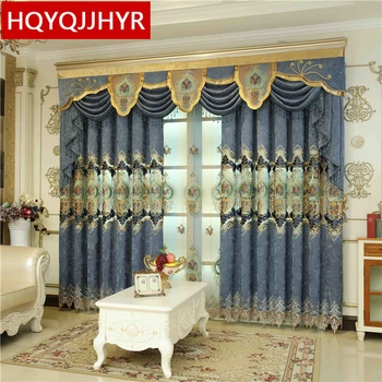 

Blue luxury European custom embroidery finished curtains for Living Room with high-grade Voile Curtain for bedroom/kitchen