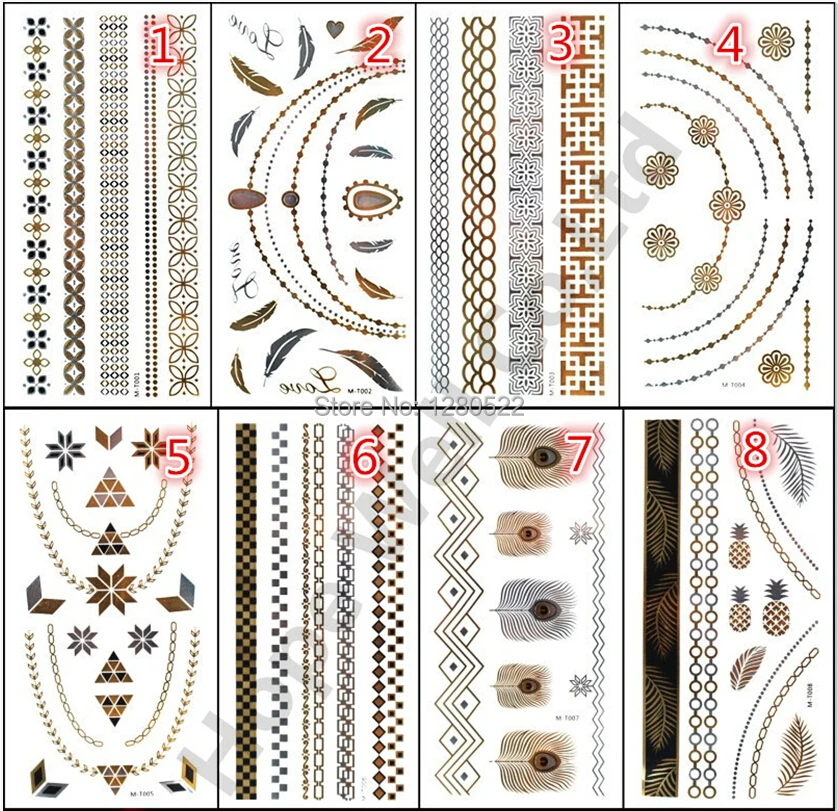 12 Sheets/lot Metallic Flash Tattoo Gold Silver Temporary Tattoos ...