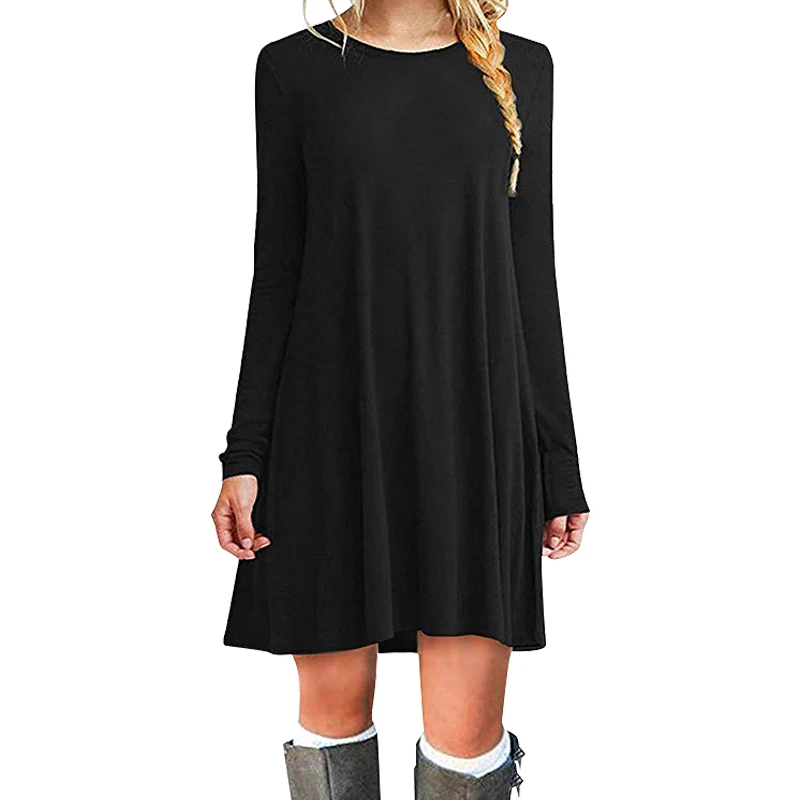 

Women's Casual Plain Simple Long Sleeve Loose Dress Cotton Dresses Plus size S-5XL