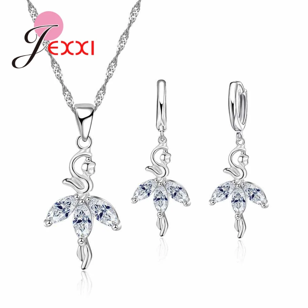 

JEXXI Wholesale 2018 New Stylish 925 Sterling Silver Chain Flower Crystal Necklaces Pendant for Women Jewelry Set Free Shipping