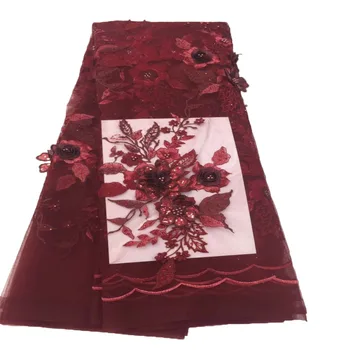 

Good Quality 3D Flower Beaded Embroidery Red Color Nigerian lace fabric Hot sale French mesh lace fabric for Dress HX55-2