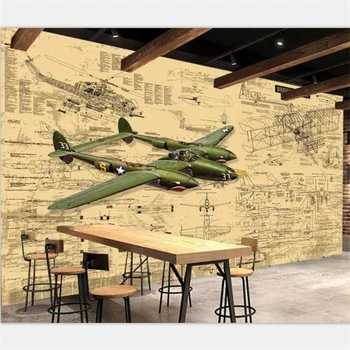 

beibehang Wallpaper custom high-end hand-painted nostalgic retro airplane drawings industrial wind bar restaurant background