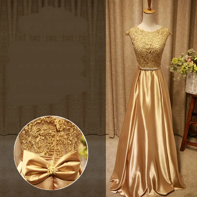 Новинка года длинные кружево Атлас золото платье подружки невесты Свадебные платья SE19148