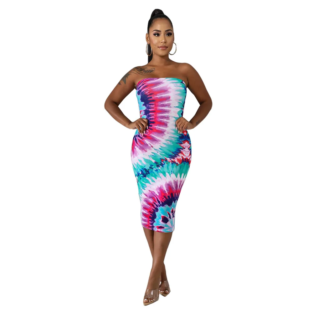 Lemon Gina 2019 women summer black hole galaxy print strapless off shoulder bodycon midi mid-calf length dress WJ5037 | Женская одежда