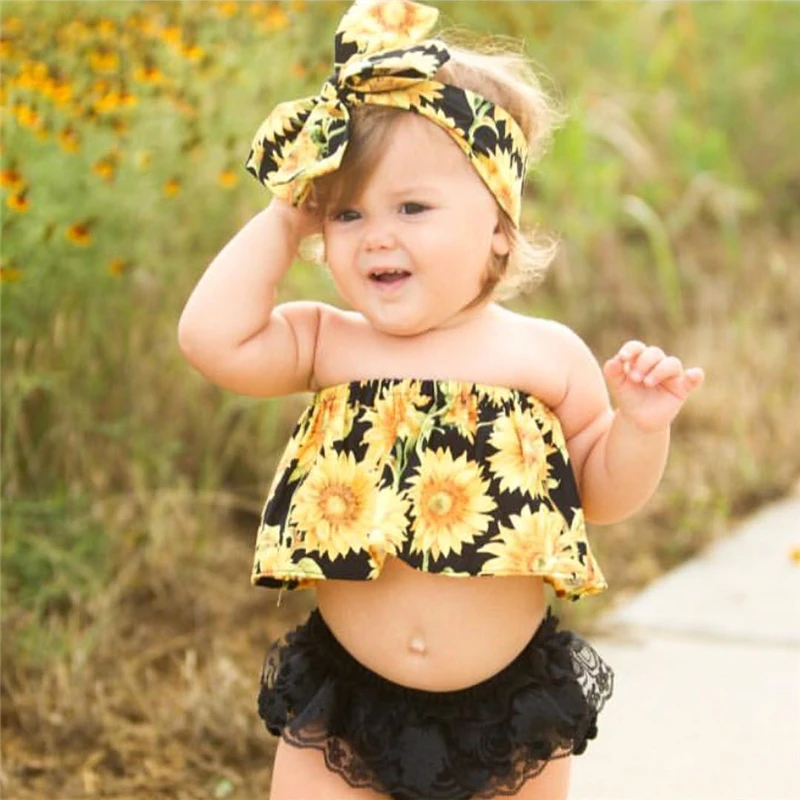 Adorable Newborn Baby Girl Floral Clothes Sunflower Crop Tops Lace