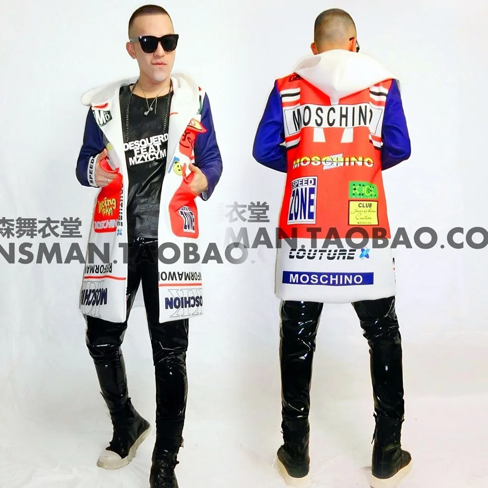 2016 Моды певец DJ ночной клуб GD стиль исполнения и пиджаки костюмы личность граффити значок хип-хоп длинное пальто