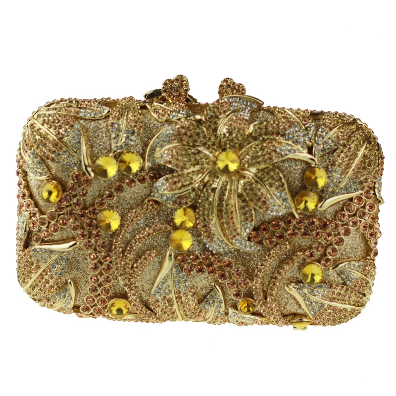 Pillow Shaped Gold Evening Clutch font b Bags b font for Ladies Big Flower Pattern Crystal