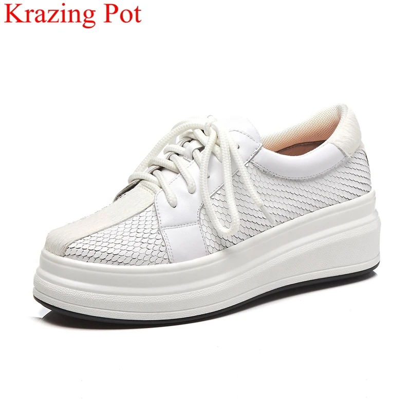 

2019 new genuine leather high heels platform lace up solid wedges sneaker round toe concise casual women vulcanized shoes L17