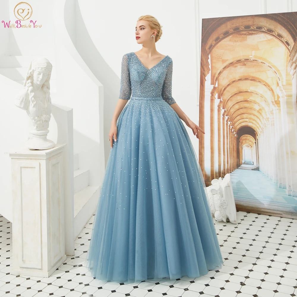 

Blue Evening Dresses 2019 Tulle 3/4 Three Quarter Sleeve V Neck Long Floor Length Lace Up Prom Formal Party Gown Walk Beside You