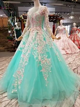 Mint Green Prom Dresses Ball Gown Long Sleeves Lace Appliques Tulle Flowers Crystal Evening Gowns 2019 Sheer Neck Zipper Back цена Mint Green Prom Dresses Ball Gown Long Sleeves Lace Appliques Tulle Flowers Crystal Evening Gowns 2019 Sheer Neck Zipper Back цены онлайн