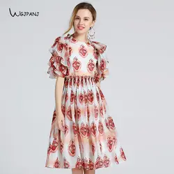 Осень 2018 г. короткий рукав бабочка Империя для женщин платья для высокое качество белый и красный с цветочным принтом взлетно посадочной