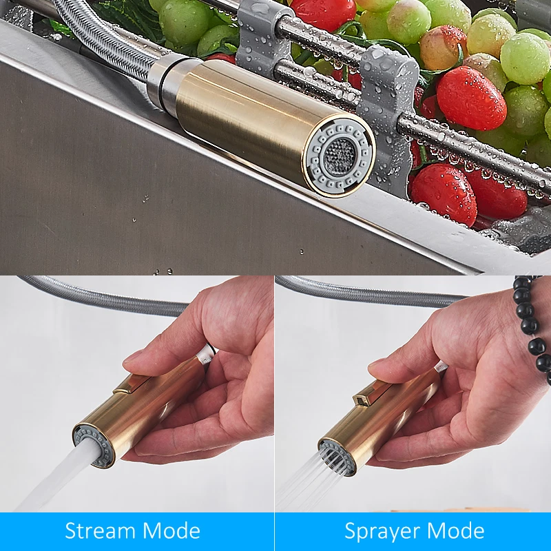  Quyanre Brushed Gold Kitchen Faucet Pull Out Kitchen Sink Water Tap Single Handle Mixer Tap 360 Rot - 33019442170