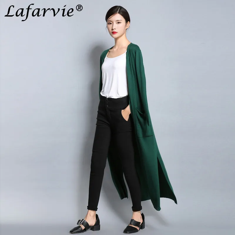 Lafarvie Quality Spring&Autumn New Fashion Long Cardigan Full Sleeve pocket Female Knit cardigan Jacket Hem Open Fork M-XXL