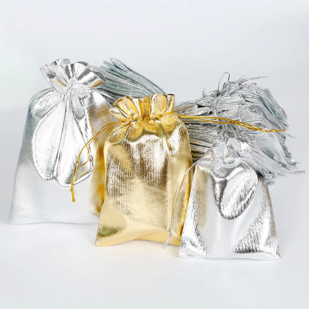 

10Pcs/lot 4 Size Gold Silver Drawstring Organza Jewelry Organizer Pouch Satin Christmas Wedding Gift Bag Jewelry Bag