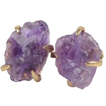 

BOROSA Rough Amethysts Ring with Unadjustable Size Boho Jewelry Copper Gold plated Natural Healing Stone Rings