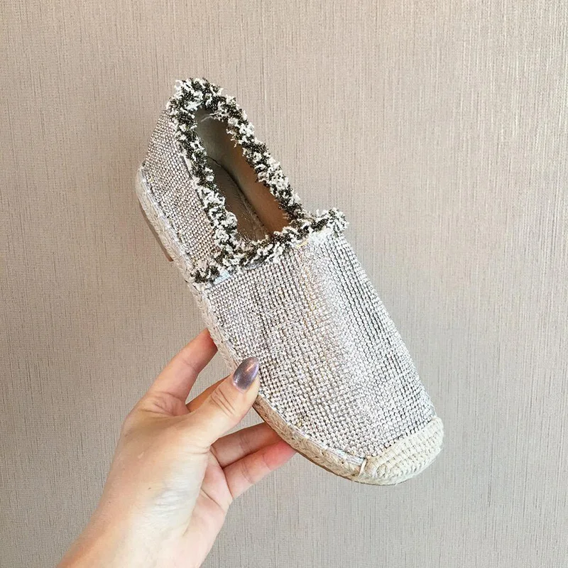 

2019 New spring Bling women espadrilles cane hemp straw fisherman flat heels shoes woman loafers lazy flat Rhinestone Soft