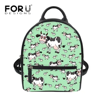 

FORUDESIGNS Cute Cartoon Cows/Cat Print Students Small Backpack Daypack Fashion PU Leather String Shoulder Rucksack Female Bolsa