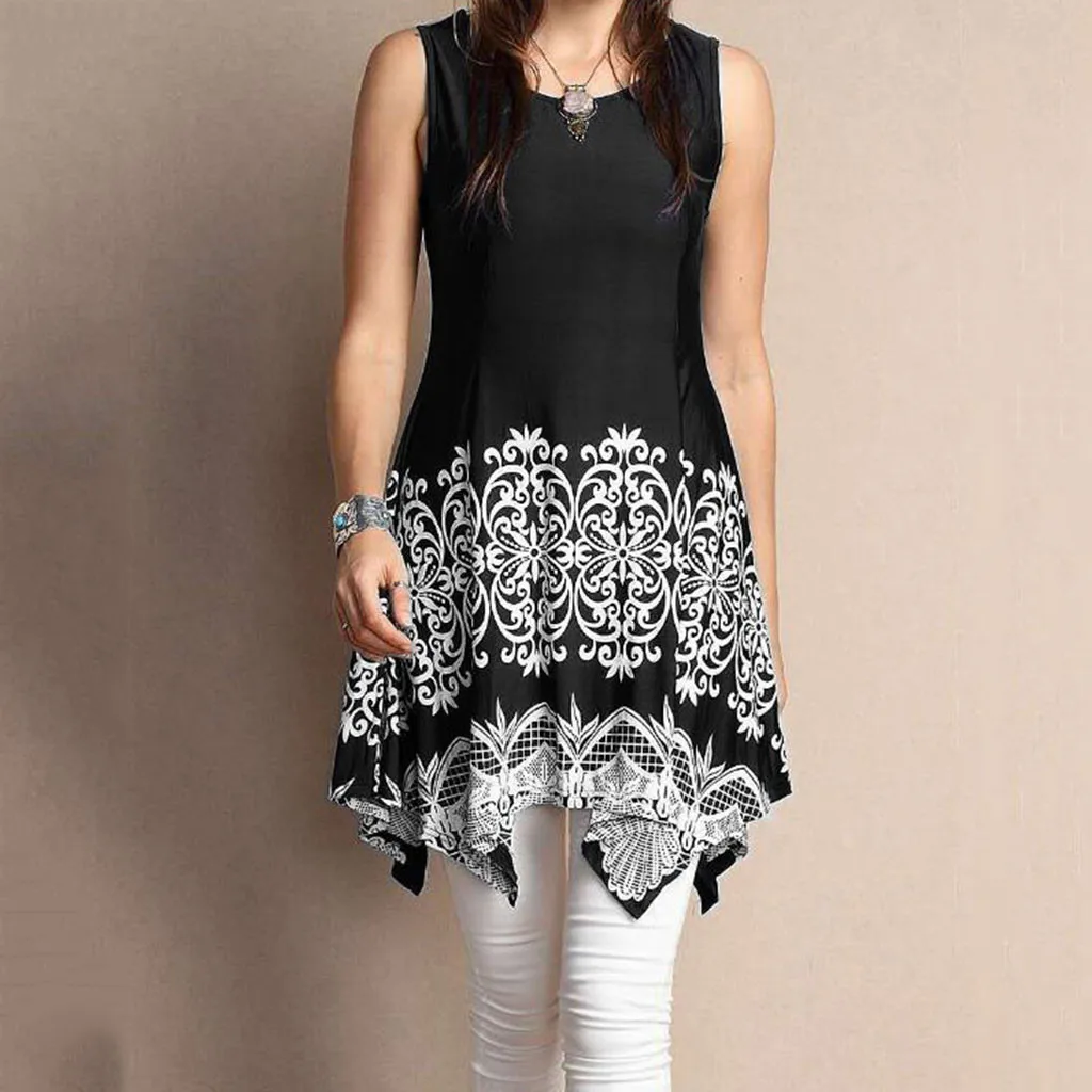 

Large Size Women's Blouse Tops Casual Slim Irregular Hem Print Blouse Fashion Round Neck Sleeveless Long Blouse
