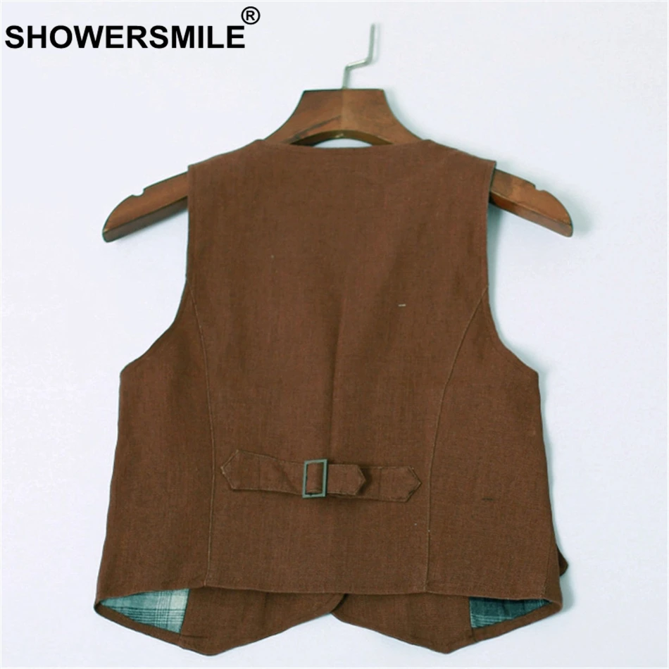 SHOWERSMILE Vintage Linen Waistcoat Women Brown Vest Short Jackets Female Summer Autumn Slim Fit England Style Sleeveless Gilet
