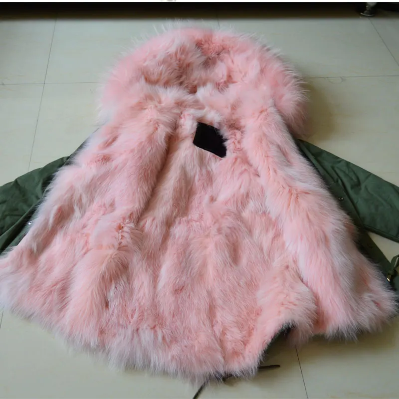 Модная зимняя женская меховая куртка светло-розовая куртка из натурального Лисьего меха короткая парка с большим капюшоном из енота