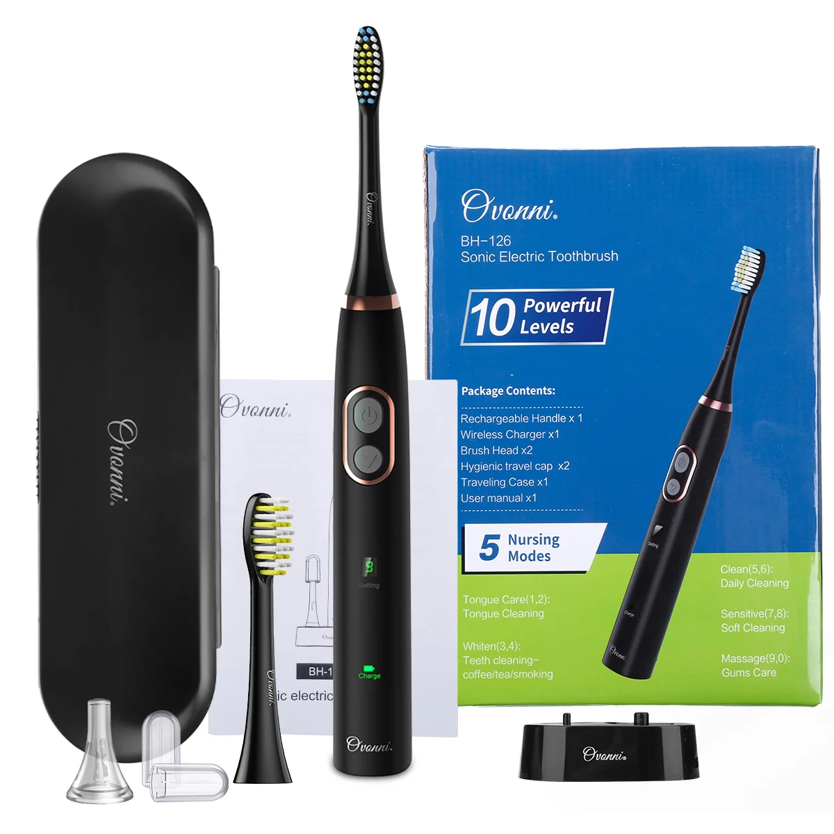 

Ovonni Rechargeable Sonic Electric Toothbrush With LED Display 5 Clean Modes 10 Power Levels And 2 Replacement Heads