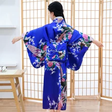 Традиционный принт Павлин юката платье японский стиль детское кимоно классический для девочек косплэй костюм Винтаж Улучшенная Haori костюмы