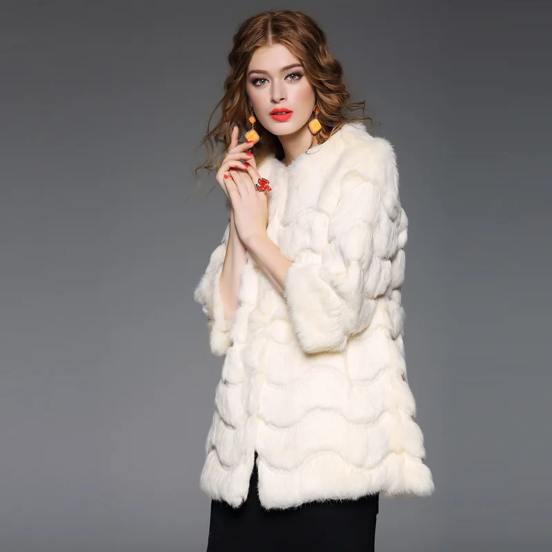 Wave embroidery fur coats women O neck 3/4 sleeve natural rabbit fur jacket woman real fur overcoat plus size 2018 autumn winter