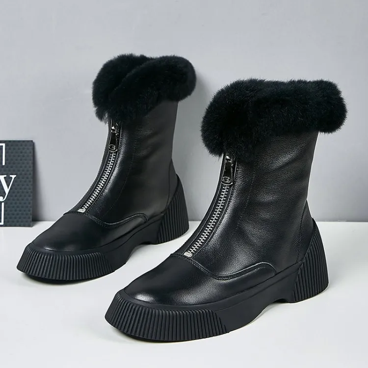 GPOKHDS women snow boots cow leather zippers winter warm wool blend round toe high heels boots