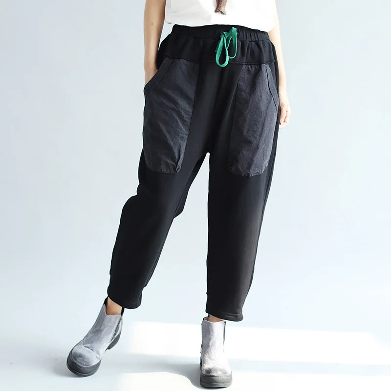 

Johnature Women Black Pants Elastic Waist Pockets Trouser 2019 Autumn New Loose Casual Cotton Straight Pants For Women