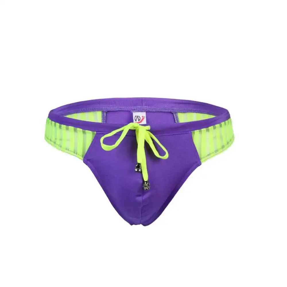 Мужские сексуальные плавки, сетчатые лоскутные купальники со стрингами, одежда для серфинга, стринги с низкой талией, пляжные шорты, купальный костюм - Цвет: Фиолетовый