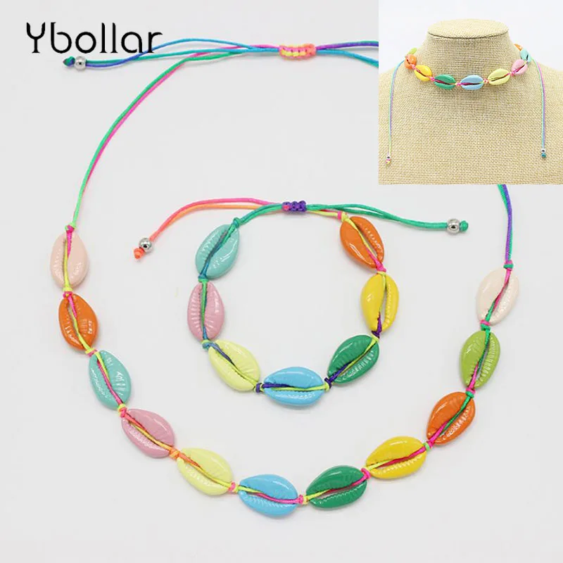 

Women Girls Summer Beach Shell Choker Necklace Bracelet Set Bohemian Colorful String Rope Handmade Beaded Bracelet Jewelry