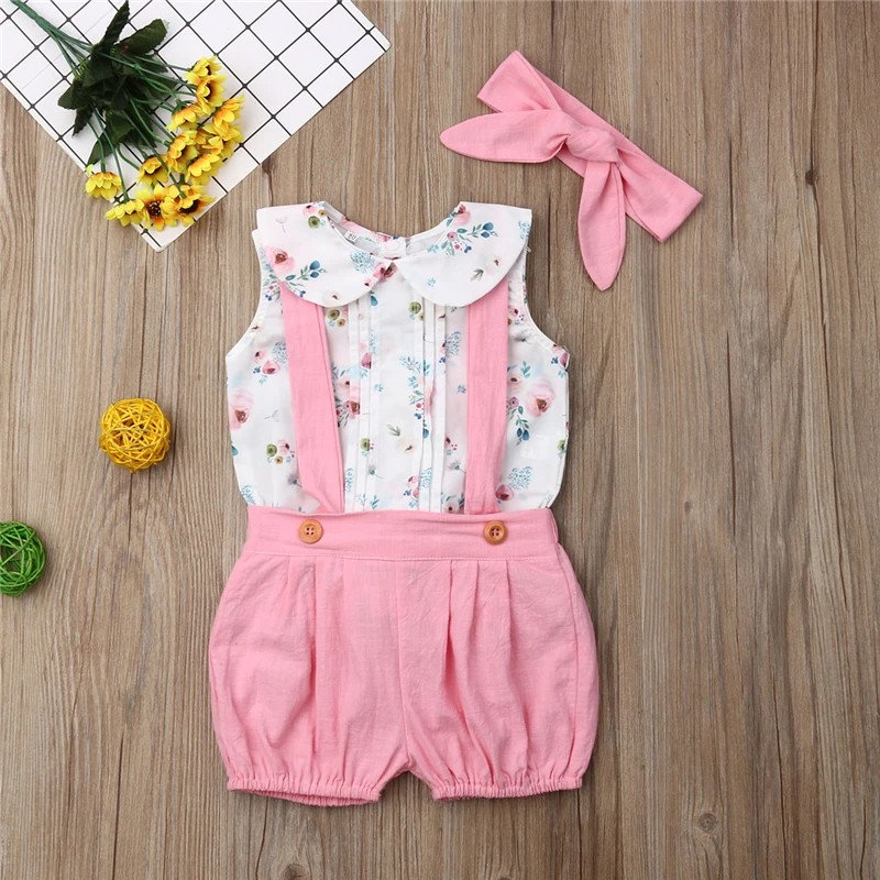 

Summer 3PCS Toddler Baby Girls Clothes Cotton Floral Sleeveless T-shirt Tops+Bib Pants+Headband Outfits Set