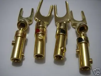 

PAIR 24K-GOLD PLATED SOLDERLESS SOLDER FREE AUDIO CABLE SPADE CONNECTOR PLUG