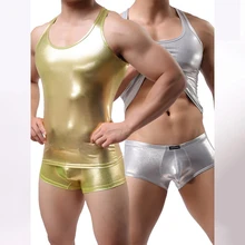 Мужской сексуальный жилет размера плюс M/L/XL, искусственная кожа, золото/серебро, майки для мужчин, одежда для геев, мужские майки, нижнее белье, футболки